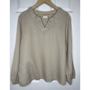 Women's Caligraphie Beige Embroidered Boho Lagenlook Tunic Top Blouse XL